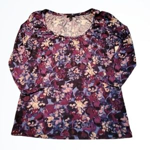 Talbots Purple Floral Print Gatgered Crew Neck 3/4 Blouse Size Small Bust 38 In